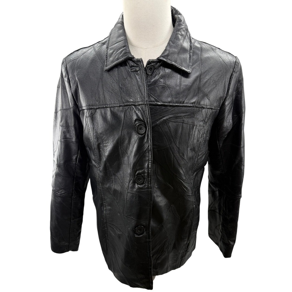 Leather&Soul Womens Black Patchwork Genuine Leather Button Jacket Vintage Large